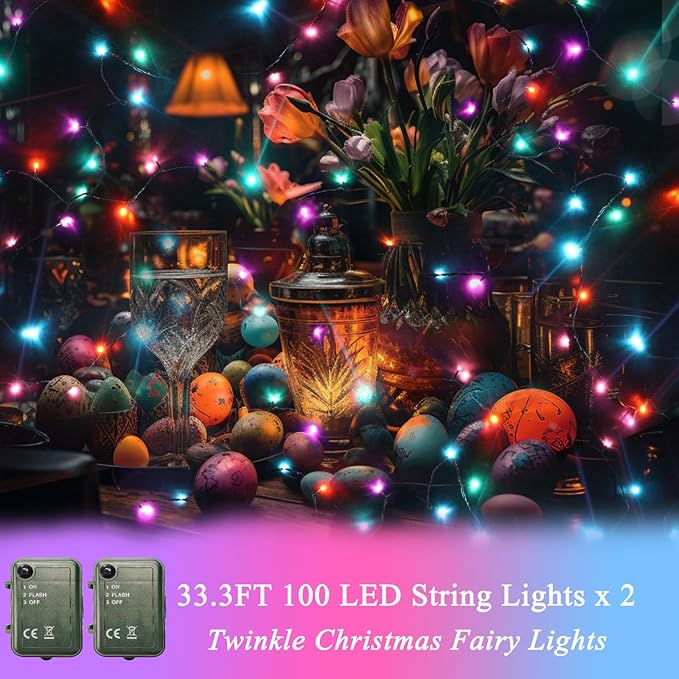 Easter String Lights Battery Powered, 2 Pack Total 66.6 FT 200 LED Colorful Pastel String Lights for Indoor Outdoor Decoration, Twinkle Fairy Light for Home Party Room Garden Party Decor