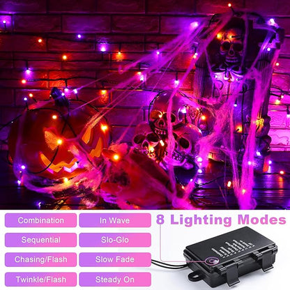 Lomotech Battery Operated Halloween Lights - 2 Pack Total 33ft 100 LED Orange Purple Battery Lights 8 Modes Waterproof with Timer for Home, Garden, Party, Holiday, Tree Decoration (Black Wire)