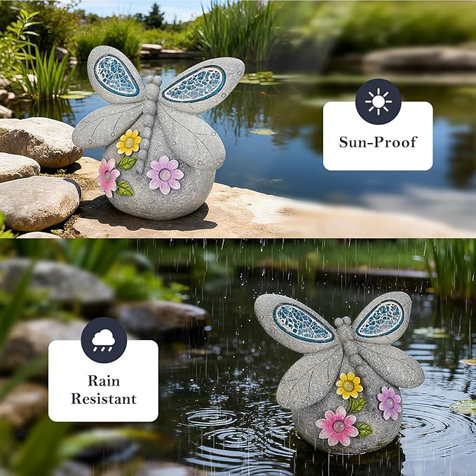 Solar Dragonfly Garden Decor with Cracked Glass Wings, Outdoor Resin Dragonfly Statue with Solar Light for Patio, Balcony, Yard, Lawn, Ornament Gift for Housewarming, Christmas, Thanksgiving Day