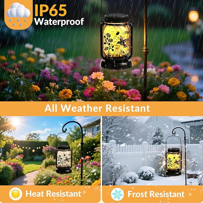 Hummingbird Solar Lanterns Outdoor Waterproof Hanging Solar Lantern Lights Glass Mason Jar Garden Decor 3 in 1 Hummingbird/Cat/Dog for Mom Grandma Sister Birthday, 1*Lanterns & 3*Patterns
