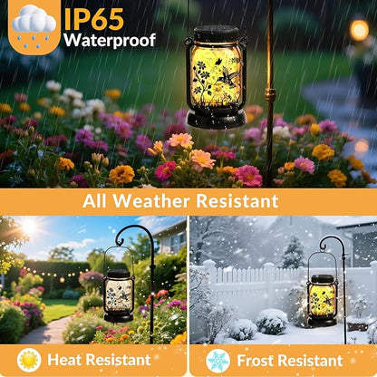 Hummingbird Solar Lanterns Outdoor Waterproof Hanging Solar Lantern Lights Glass Mason Jar Garden Decor 3 in 1 Hummingbird/Cat/Dog for Mom Grandma Sister Birthday, 1*Lanterns & 3*Patterns