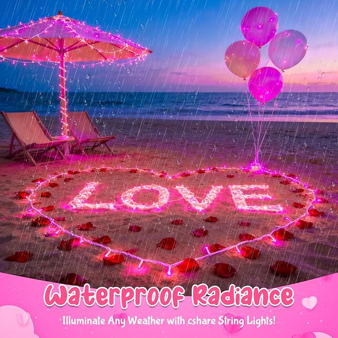 Pink String Lights Batterry Operated Outdoor Waterproof 16.4ft 50 LED, Pink Fairy Lights with Timer White Wire for Indoor & Outdoor Valentine's Day Decorations Garland Party Garden Girls Room