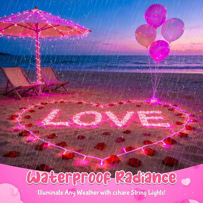 Pink String Lights Batterry Operated Outdoor Waterproof 16.4ft 50 LED, Pink Fairy Lights with Timer White Wire for Indoor & Outdoor Valentine's Day Decorations Garland Party Garden Girls Room