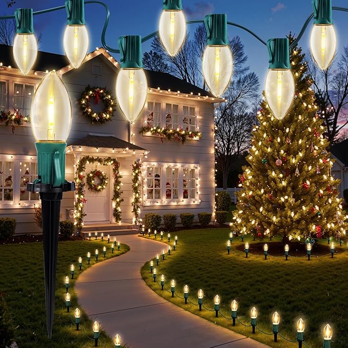 Christmas Pathway Lights Outdoor, 26 FT Connectable C9 LED Christmas Lights Outdoor, Waterproof String Lights with 20 Led Lights and Stakes, Christmas Decorations for Walkway Driveway, Warm White