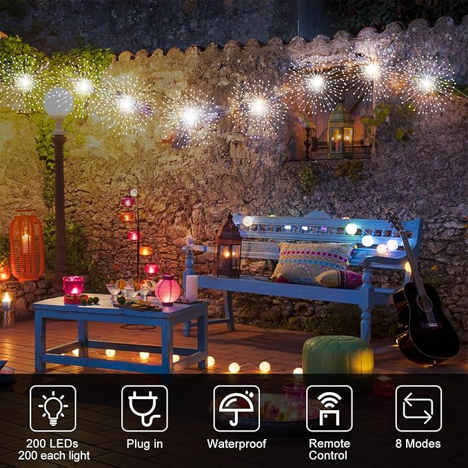 5 Pack 1000 LED Plug in Firework Lights Starburst Lights for Christmas Garden/Patio/Wedding/Party/Bedroom Outdoor or Indoor Decor，Waterproof Twinkle Light with 8 Modes(Cool White)