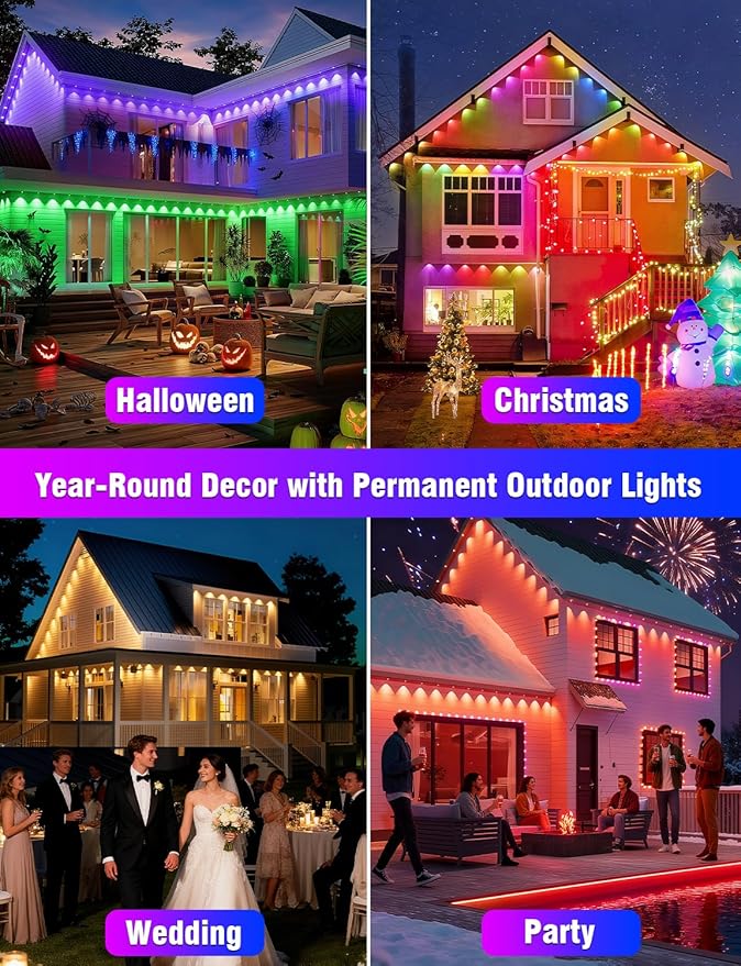 Permanent Outdoor Lights 250FT RGBIC LED Smart LED Lights, App/Remote Control IP68 Waterproof for Holiday Decor, 50 Scene Modes, DIY Lights Color Lighting Timing for Christmas Halloween Party