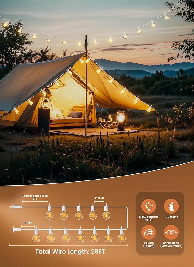 White Backyard String Lights, Weatherproof LED