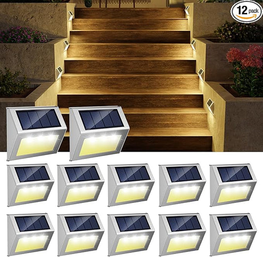 JSOT 12 Pack Solar Lights Outdoor Waterproof for Stairs - Solar Deck Lights Stainless Steel Step Fence Patio Post Wall Lamp for Garden Pathway Walkway LED Decor Light(Warm Light)