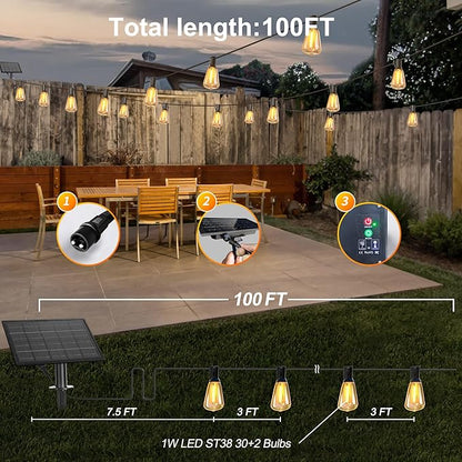 100FT Solar String Lights Outdoor Waterproof with Remote Control Solar Patio Lights 30+2 shatterproof LED ST38 Bulbs for Porch Garden Market Bistro Patio Backyard Fence