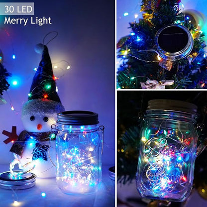 SmilingTown 30 LED 10 Packs Mason Jar Lights with Hangers Colorful Solar Mason Jar Lids Fairy String Light Outdoor for Patio Yard Garden Decor Christmas Wedding Party Lights (NO Jars)