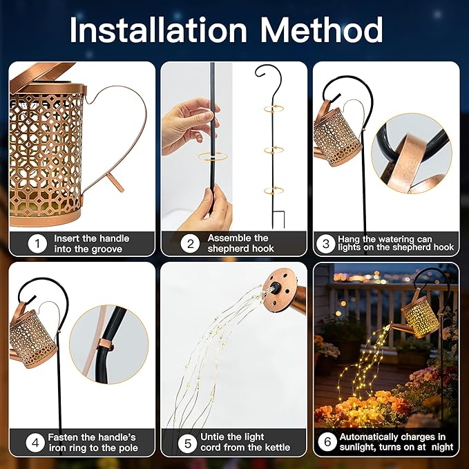 Ollny Solar Watering Can with Cascading Lights Outdoor Garden Decor, Birthday Gifts for Mom Grandma Women, IP65 Waterproof 2 Lighting Modes Hanging Lanterns for Yard Patio Lawn (Beehive)