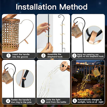Ollny Solar Watering Can with Cascading Lights Outdoor Garden Decor, Birthday Gifts for Mom Grandma Women, IP65 Waterproof 2 Lighting Modes Hanging Lanterns for Yard Patio Lawn (Beehive)