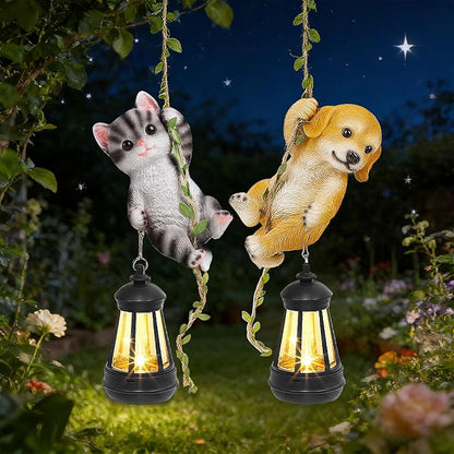 Set of 2 Solar Hanging Statue, Outdoor Resin Black White Cat & Golden Retriever Dog Figurine with LED Lights, Animal Ornament for Garden, Fence, Porch, Patio, Yard Decor
