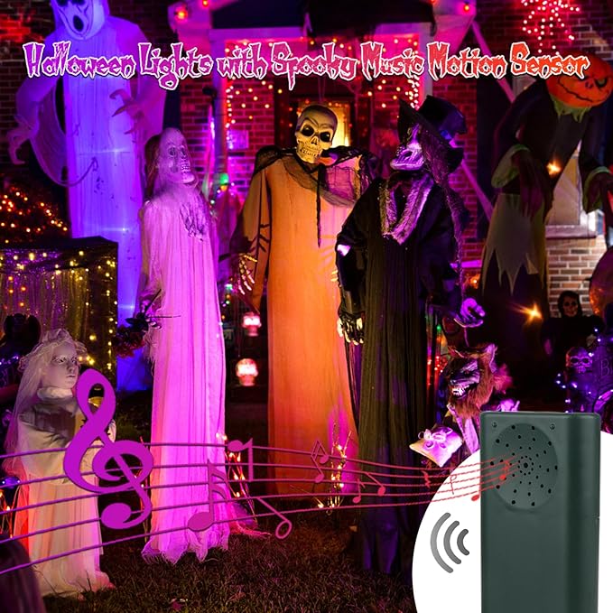 Tcamp Battery Operated Halloween Lights Motion Activated Sync with Music, 33FT 100 LED Orange Purple String Lights with Spooky Music for Outdoor Indoor Halloween Decor (6 Lighting Modes)