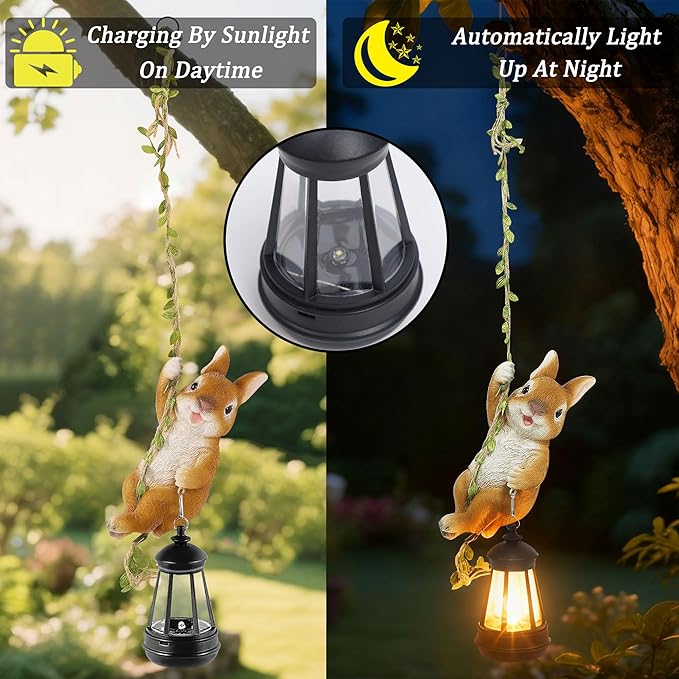 Easter Yard Décor, Solar Hanging Bunny Rabbit Statue, Outdoor Resin Animal Figurine with LED Lights for Garden, Fence, Porch, Patio, Yard Decor, Dusk to Dawn Auto On/Off