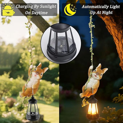 Easter Yard Décor, Solar Hanging Bunny Rabbit Statue, Outdoor Resin Animal Figurine with LED Lights for Garden, Fence, Porch, Patio, Yard Decor, Dusk to Dawn Auto On/Off