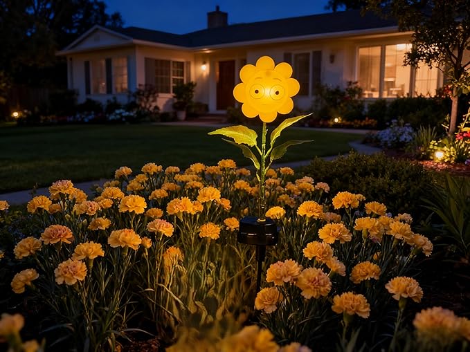 Personified Bobble Face Wind Spinners Sunflower Solar Fairy Light Outdoor with Funny Blank Face - Garden Decor, Waterproof Auto-On/Off Pathway, Lawn, Yard Stake Light for Decorations - Single Pack