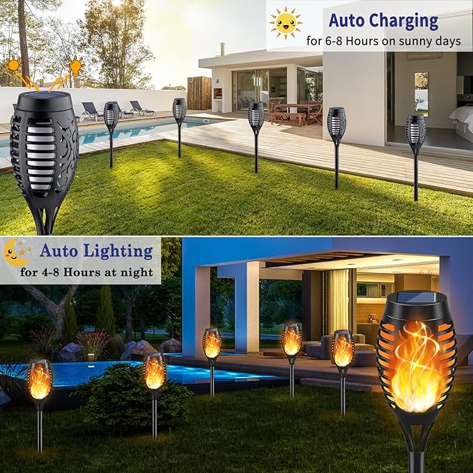 KYEKIO Solar Torch Light with Flickering Flame, 12Pack Solar Lights Outdoor, Solar Garden Lights Outdoor Waterproof, Luces Solares para Exteriores, Outside Lighting for Pathway Yard Patio Decorations