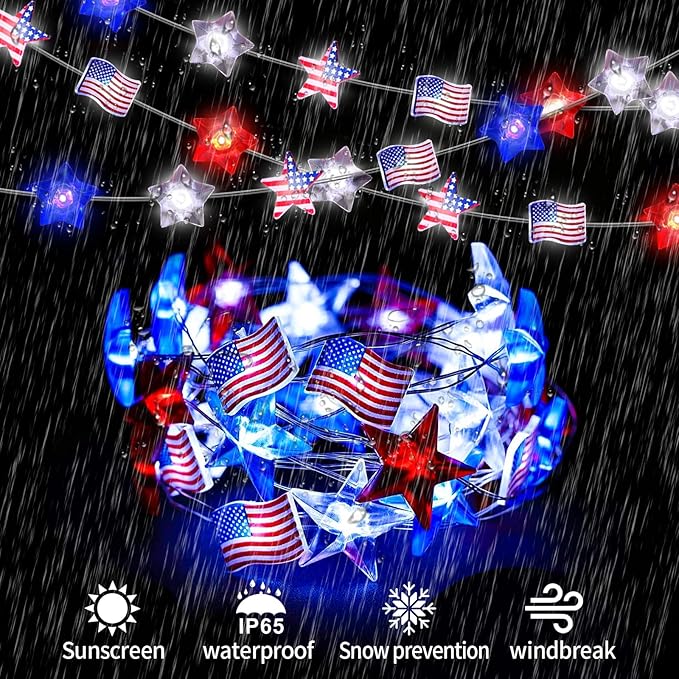 4th of July Independence Day Decorative Lights, Red White Blue 50 LED 16 FT Star-Shaped Patriotic Lights, USB Plug and Battery Powered Indoor-Outdoor Party Party (1 Pac)