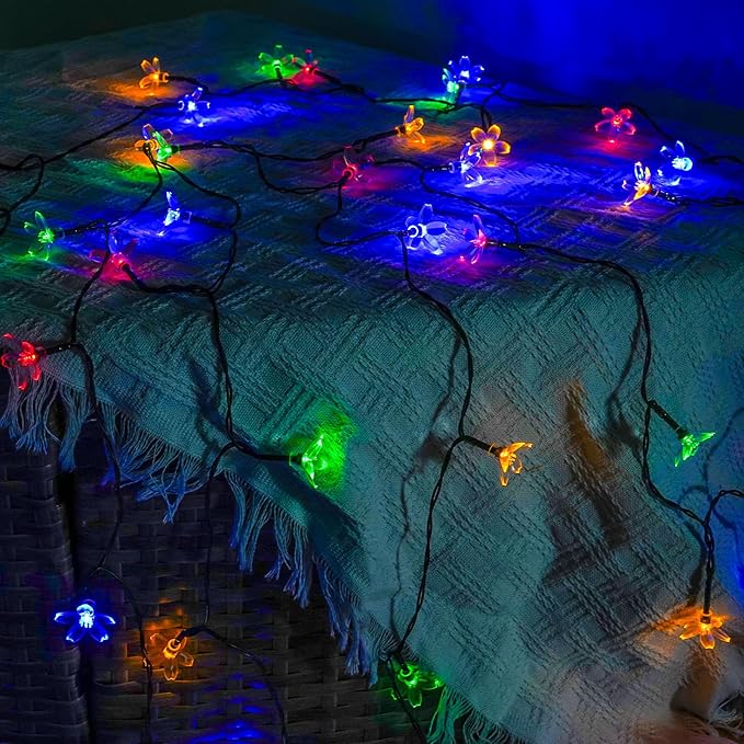 2PK 80LED 50FT Flower Solar String Lights Outdoor Waterproof, Cherry Blossoms Multicolor Lights with 8 Lighting Modes, Garden Decor for Outside, Pathway Light for Fence, Patio, Yard
