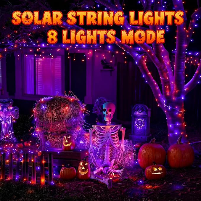 Dazzle Bright 2 Pack Purple and Orange Halloween Fairy String Lights, Total 80FT 240LED Solar Powered Fairy Lights with 8 Modes, Waterproof Copper Black Wire Lights for Outdoor Yard Party Decorations