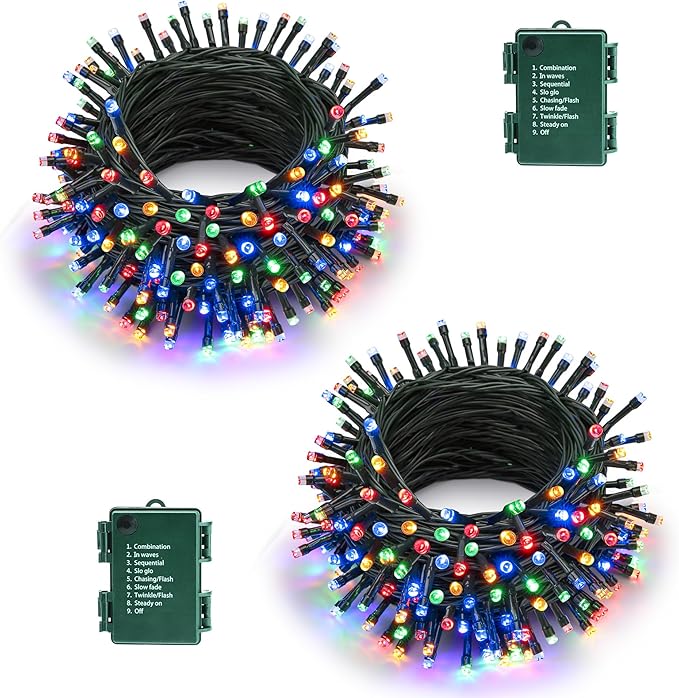 Battery Operated Christmas Lights - 2 Pack Total 33ft 100 LED Battery String Lights 8 Modes Waterproof with Timer for Home, Garden, Party, Holiday, Christmas Tree Decoration (Green Wire, Multicolor)