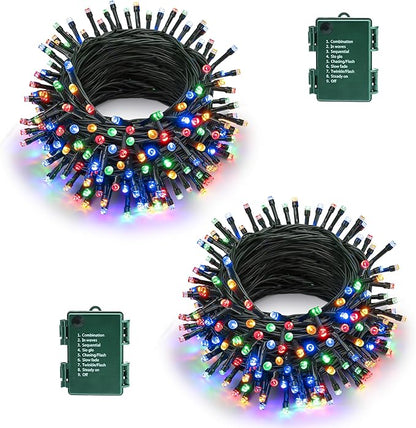 Battery Operated Christmas Lights - 2 Pack Total 33ft 100 LED Battery String Lights 8 Modes Waterproof with Timer for Home, Garden, Party, Holiday, Christmas Tree Decoration (Green Wire, Multicolor)