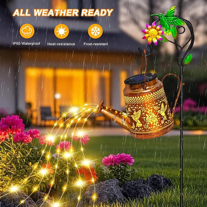 2 Packs Solar Watering Can Lights Hummingbird Garden Decor,Hanging Lanterns Outdoor,Birthday Gift for Mom Women Grandma,Waterproof Solar Fairy String Decorative Outside Lights for Yard Art Patio Porch