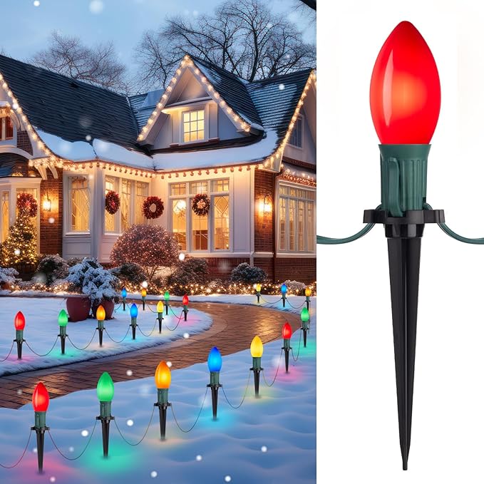 Frosted C9 Christmas Lights Outdoor, 25.7ft 20 Bulb Pathway Lights with Stakes, Multicolor