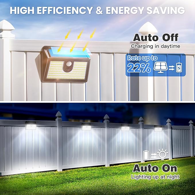 [4 Packs] Solar Motion Sensor Outdoor Lights, Super Bright Solar Lights Outdoor Waterproof, 3 Lighting Modes Security Wall Light for Outside Walking Dog Fence Backyard Deck Garden Door Step Garage