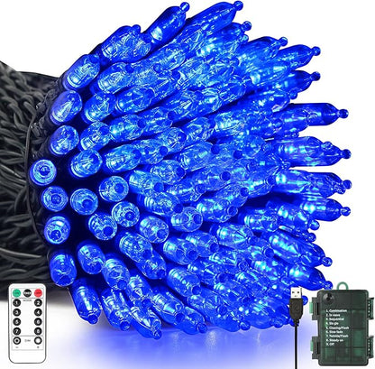 Tcamp Blue Christmas Lights Battery Operated Or USB Charging, 33FT 100 LED Christmas Tree Lights with Remote Timer Memory Function, 8 Modes Fairy String Light for Xmas Indoor Outdoor Decor