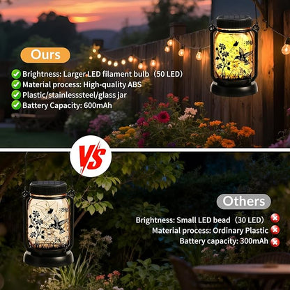 Hummingbird Solar Lanterns Outdoor Waterproof Hanging Solar Lantern Lights Glass Mason Jar Garden Decor 3 in 1 Hummingbird/Cat/Dog for Mom Grandma Sister Birthday, 1*Lanterns & 3*Patterns