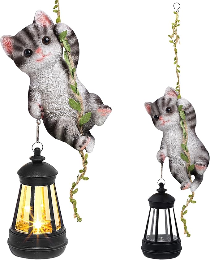 Solar Hanging Cat Statue, Outdoor Resin Black Cat Figurine with LED Lights, Kitty Animal Ornament for Garden, Fence, Porch, Patio, Yard Decor, Dusk to Dawn Auto On/Off