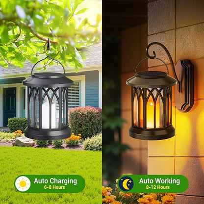 KOOPER 2 Pack Solar Lantern Outdoor Lights, Hanging Solar Lanterns Outdoor Waterproof, Lanterns Decorative Outdoor LED Flickering Flameless Candle Mission Lights for Yard Table Garden (Black)