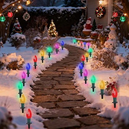 C9 LED Christmas Pathway Lights Outdoor 38Ft 25 LED C9 Multicolor Bulbs Christmas Pathway Stakes Lights, Connectable Outdoor Walkway Lights for Yard Patio Sidewalk Driveway Garden Lawn Decor