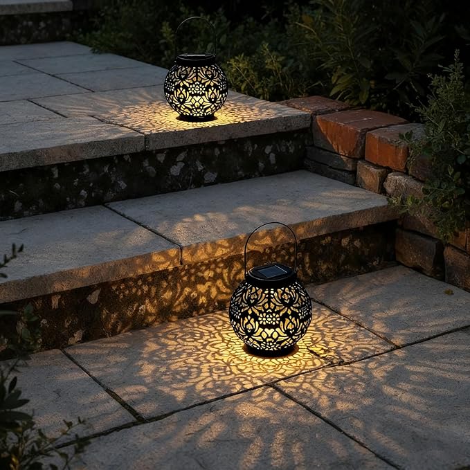 Homemory 2 Pack Solar Lanterns Outdoor Waterproof Hanging Lantern Decorative Outside Lights for Pathway, Patio, Backyard, Porch, Lawn (Black)
