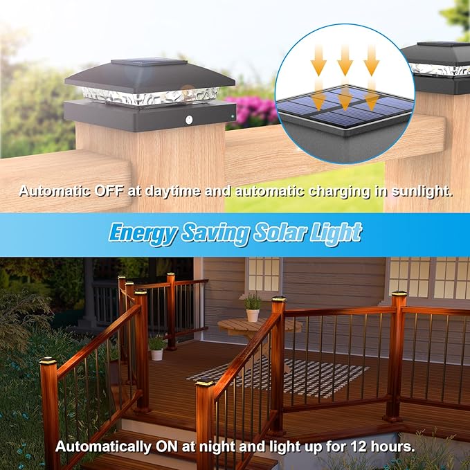VOLISUN 4x4 Solar Post Cap Light 12pack,Solar Fence - Post Lights Outdoor Waterproof for Wooden/Vinyl Post,Black Deck Post Cap Light Solar Powered with Warm White for Garden/Patio/Porch