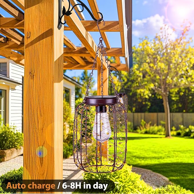 Hanging Solar Lanterns Outdoor Waterproof, Vintage Copper Hanging Lantern Lights for Outside, Solar Chandelier Outdoor Idea for Yard Garden Pathway Gazebo Pergola Porch Decor (4)