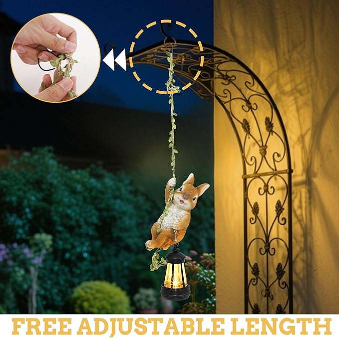 Easter Yard Décor, Solar Hanging Bunny Rabbit Statue, Outdoor Resin Animal Figurine with LED Lights for Garden, Fence, Porch, Patio, Yard Decor, Dusk to Dawn Auto On/Off