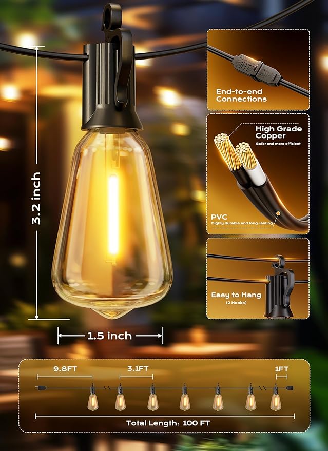 Brightown Outdoor String Lights, 100ft ST38 Shatterproof LED Patio Lights, Dimmable IP65 Waterproof