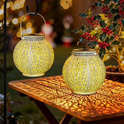 TAKE ME 2 Packs Solar Lanterns Lights Outdoor Waterproof Garden Laterns Metal Retro Lights for Christmas Gifts Mom Wife Grandma Birthday Gifts (White Set of 2)