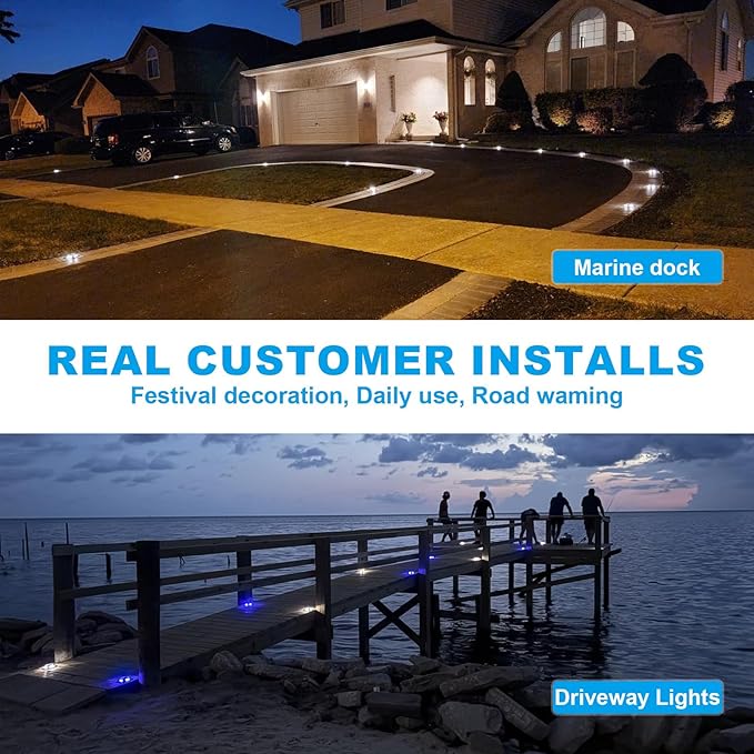 VOLISUN Solar Driveway Dock Marine Lights 8-Pack,2 Colors in 1,Outdoor LED Deck Lights,Solar Powered Waterproof Driveway Marker Light for Warning Step Sidewalk Pathway (White/Blue),Saltwater Resistant