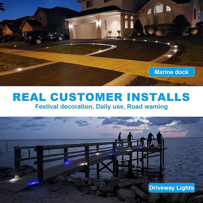 VOLISUN Solar Dock Marine Lights 12 Pack,2 Colors in 1,Outdoor IP67 LED Solar Powered Waterproof Driveway Marker Deck Lights for Warning Step Sidewalk Pathway (White/Blue),Saltwater Resistant