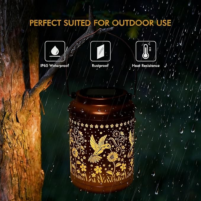 Hummingbird Solar Lanterns Outdoor Garden Decor Solar Lights Waterproof Hummingbird Decorative Hanging Metal Lights Gardening Gifts for Women Mom Grandma Outside Yard, Patio, Backyard, Farm