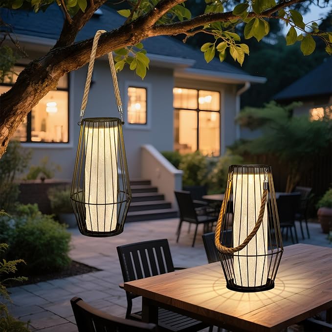 Outdoor Solar Lanterns 13" Large Solar Hanging/Standing Lantern Lights Waterproof Rechargeable Metal Table Lamp with Retro Handle for Garden, Yard, Patio, Proch, Wedding Decoration