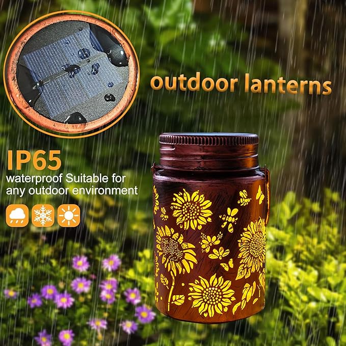 2pack Sunflower Solar Lanterns Outdoor, Solar Mason jar Lights Hanging Waterproof Metal Lanterns for Patio, Pathway, Yard (Sunflower 2pack)