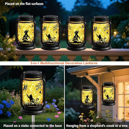 Cat Lover Gifts for Mom, Grandma,Women Mothers Day Birthday, Cat Solar Lanterns Butterfly Vintage Glass Hanging Mason Jar, Waterproof Fairy Garden Lights for Patio Yard Lawn Tree Decor