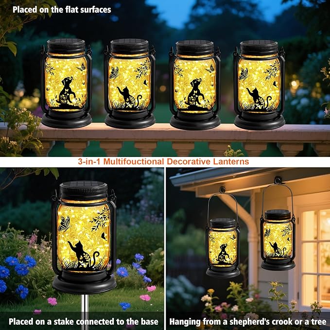 2 Packs Cat Lover Gifts for Mom, Grandma, Women Mothers Day Birthday, Cat Solar Lanterns Butterfly Vintage Glass Hanging Mason Jar, Waterproof Fairy Garden Lights for Patio Yard Lawn Tree Decor