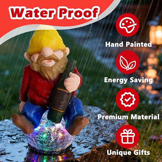 Drinking Gnome Solar Garden Statue - Funny Gnome Figurine with Colorful Crackle Ball LED Light - Perfect Novelty Patio Yard Decor and Gag Gifts - Funny Birthday Gifts for Grandma Mom Women