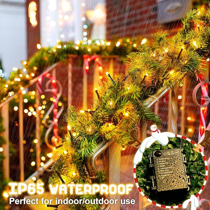 Christmas Lights Outdoor Battery Operated String Lights Total 100LED 33Ft with Timer 8 Modes 16.4Ft*2 Waterproof Outdoor Indoor for Christmas Decor, Warm White, 2-Pack
